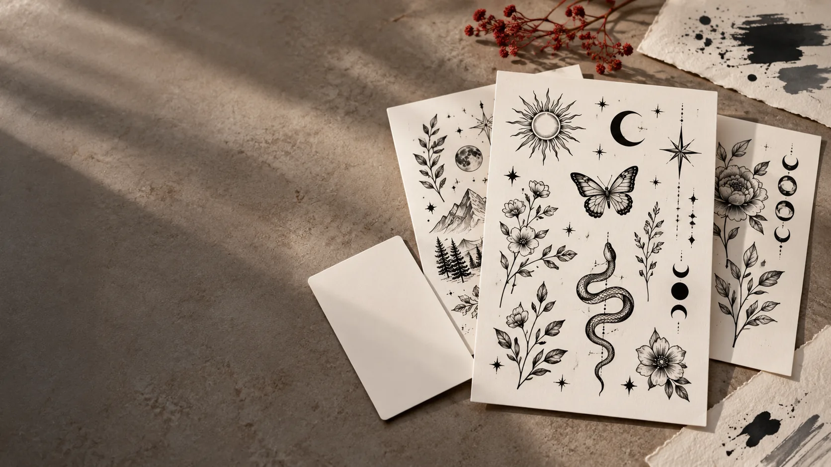 Temporary tattoo designs on a neutral workspace