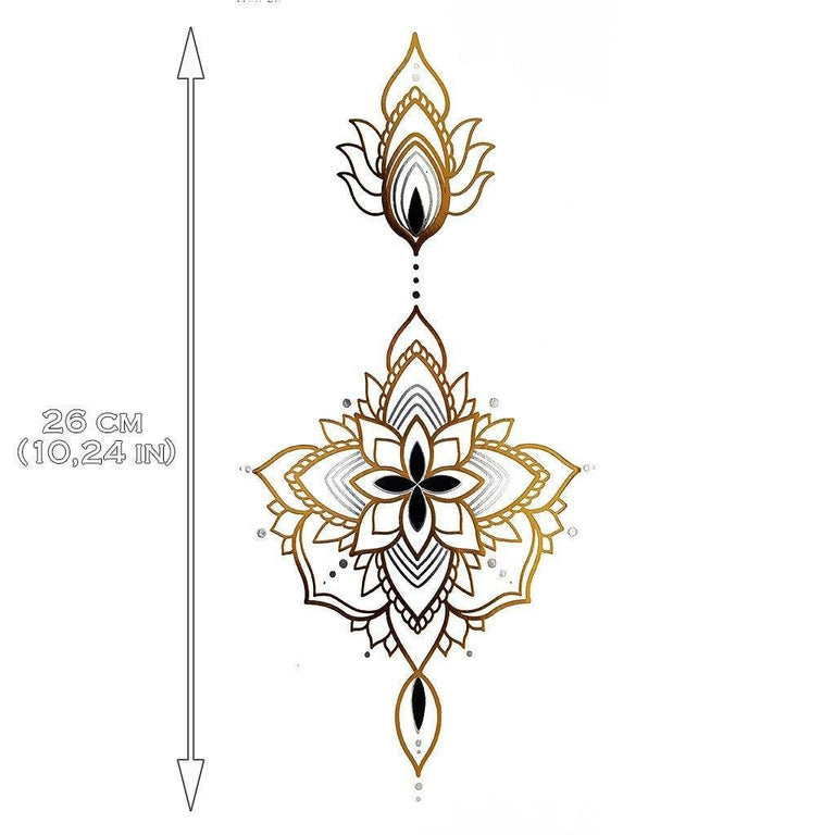 Gold ornamental temporary tattoo artwork with a long vertical arrangement
