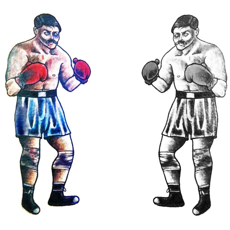 Vintage boxer illustrations shown in colour and black linework